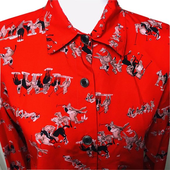 BIRCH BROS Button Down Blouse Black Red Polo Horse - Picture 4 of 13